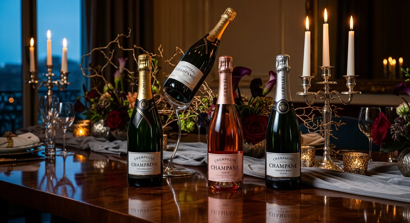 Trois bouteilles de Champagne différentes avec coupes remplies sur une table de fête