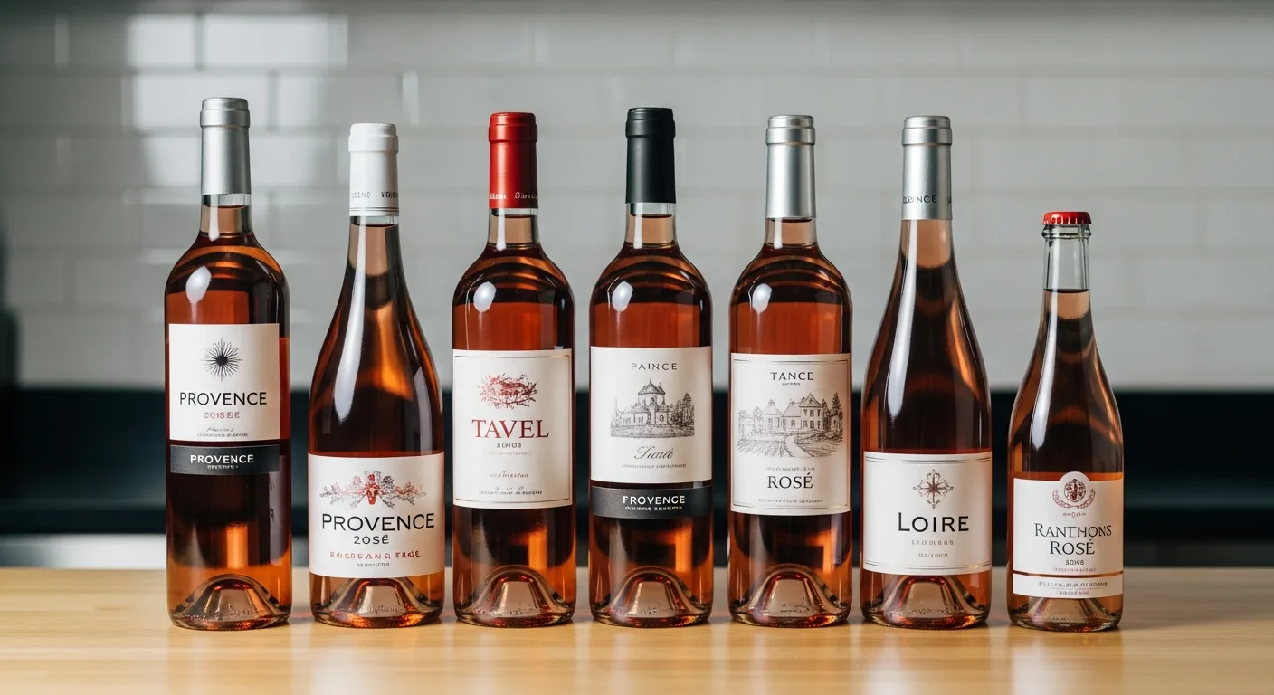 Sélection de bouteilles de rosé français alignées sur table en bois clair