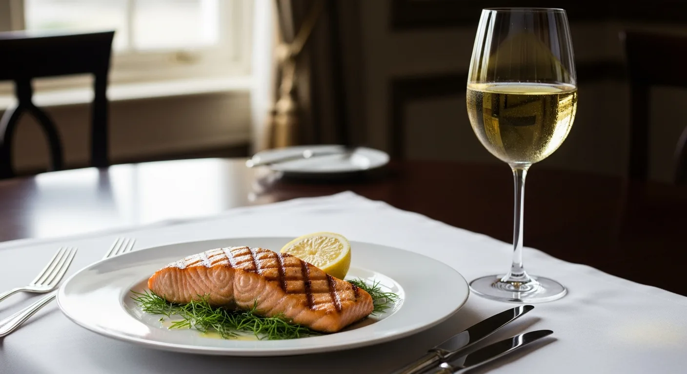 Pavé de saumon grillé avec verre de Chablis et citron