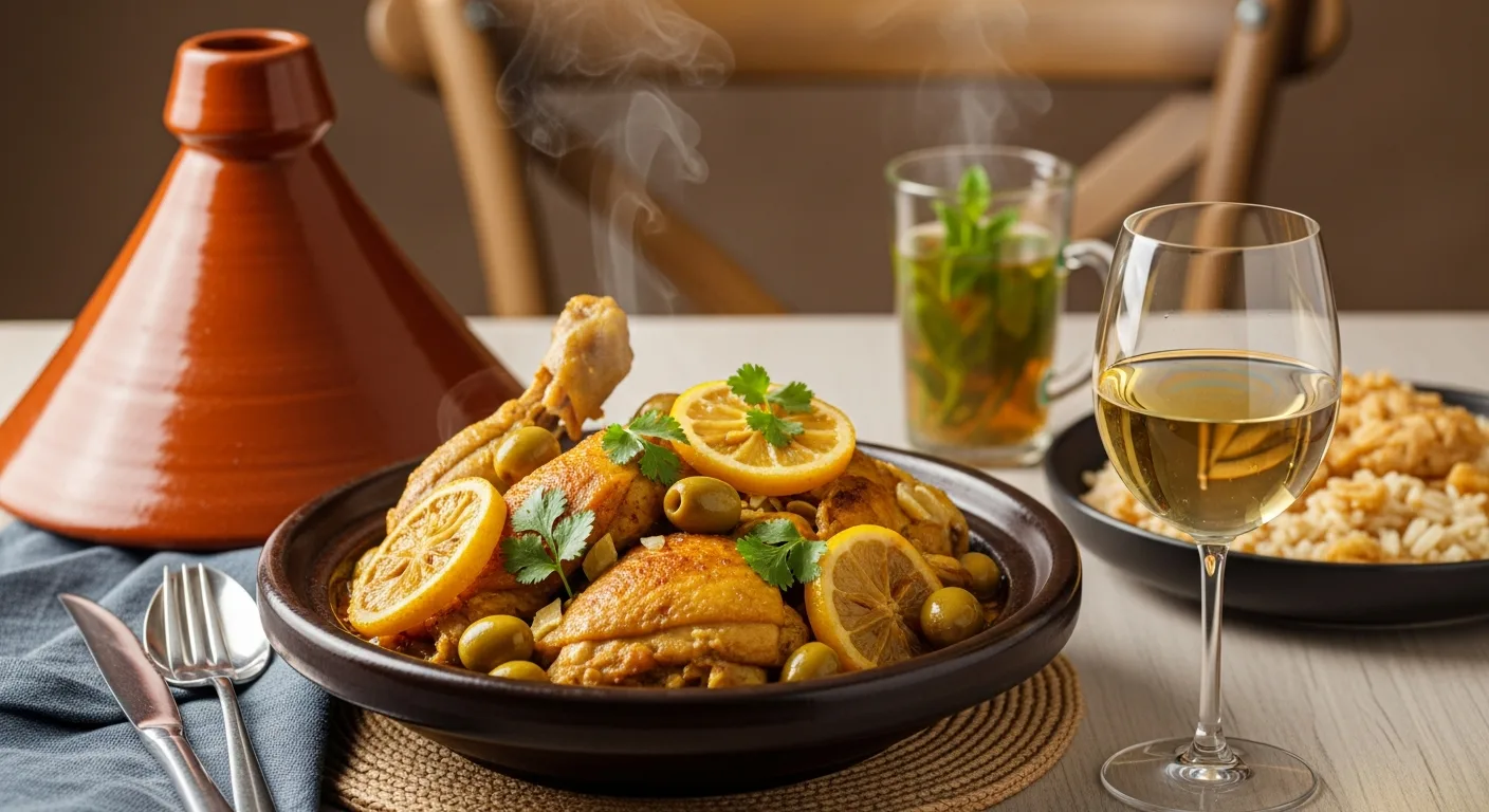 Tajine de poulet au citron et olives avec verre de vin blanc alsacien