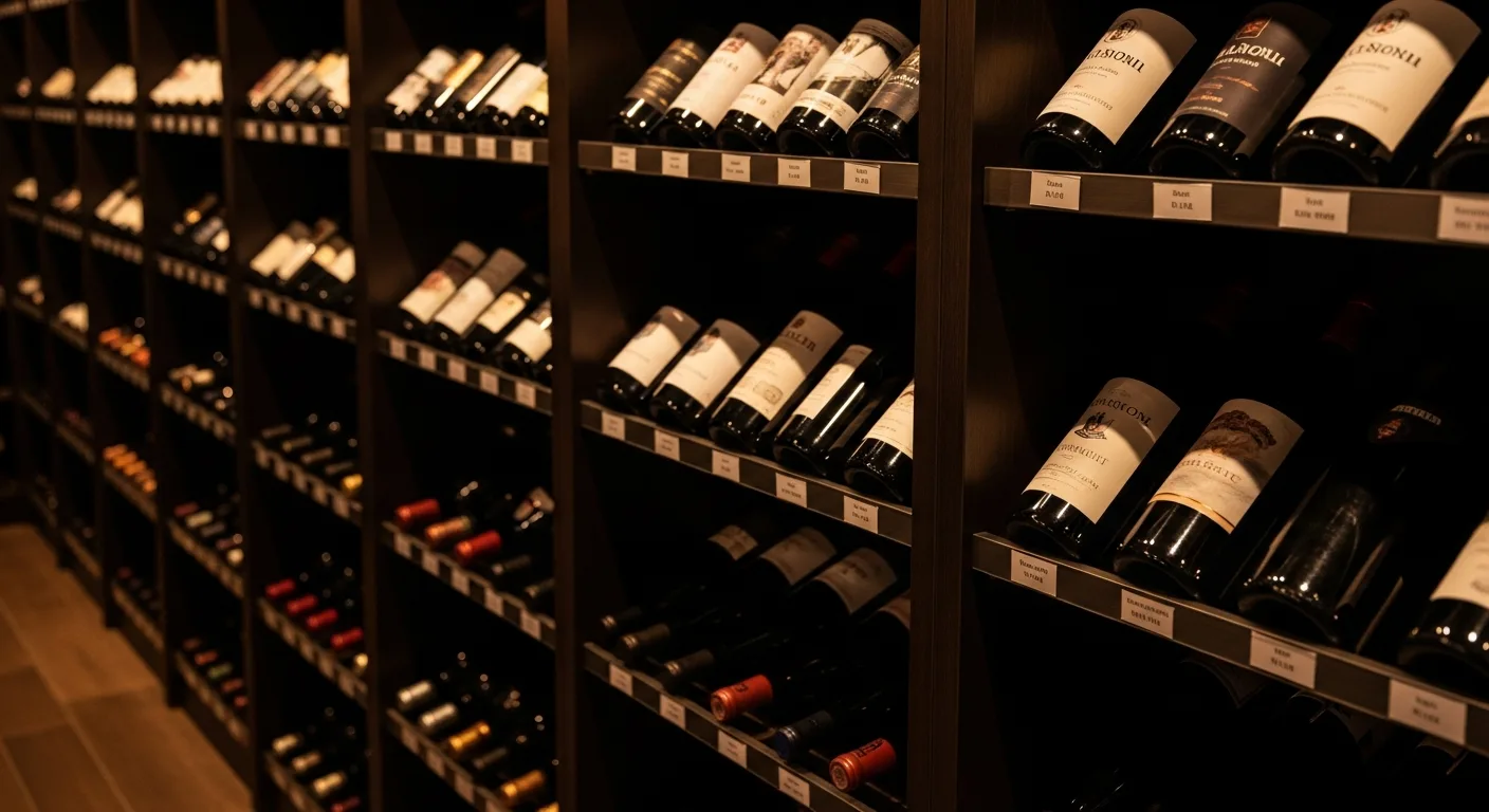 Cave à vin organisée par apogée avec étiquettes de rangement visibles