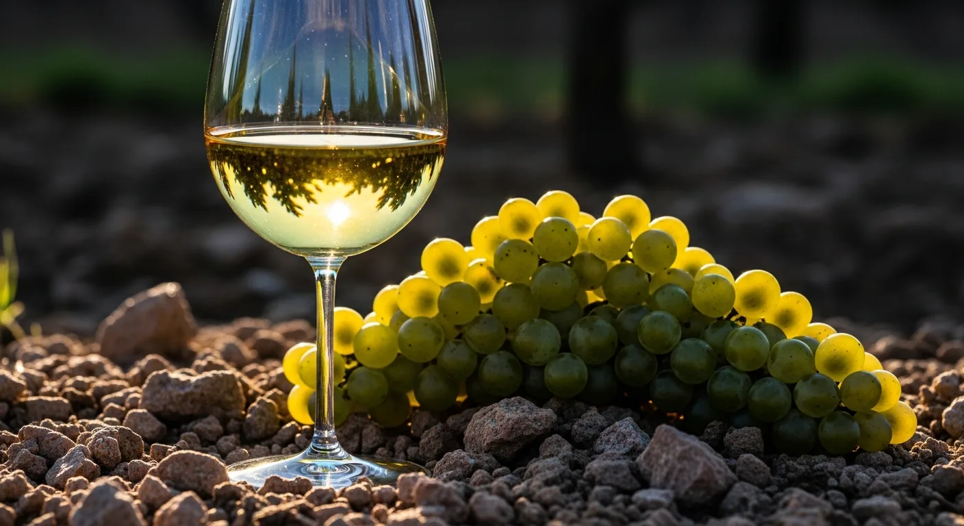 Verre de Riesling alsacien à côté d'une grappe sur sol granitique de grand cru