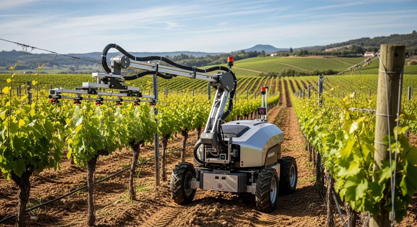 Robot viticole autonome évoluant entre les rangs de vigne dans un vignoble ensoleillé
