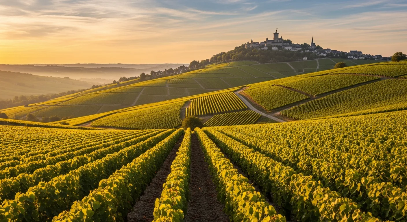 Paysage des coteaux de Sancerre en Loire au coucher du soleil avec vignes de Sauvignon