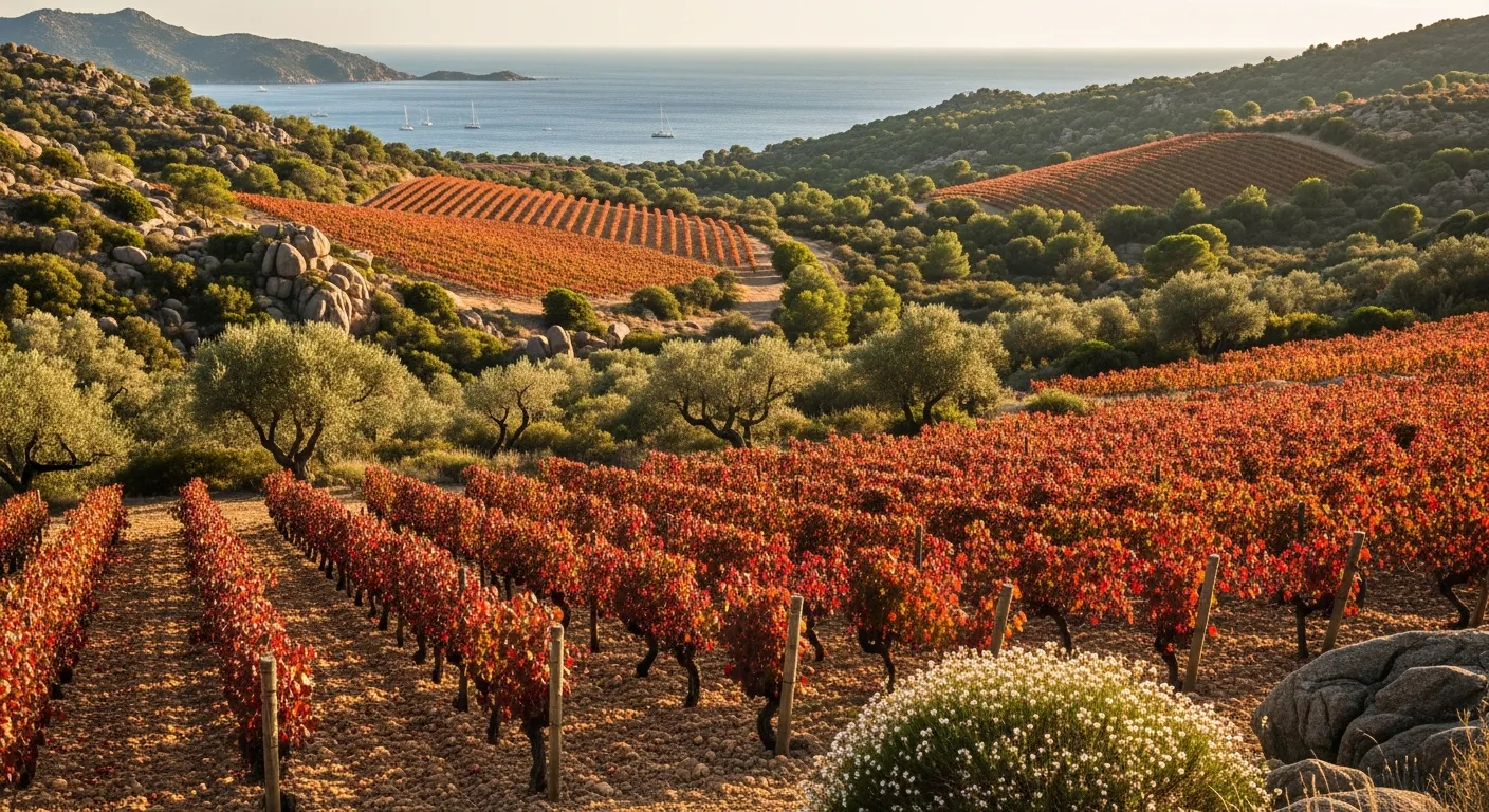 Vignoble de Sciaccarellu sur les coteaux granitiques d'Ajaccio avec maquis corse