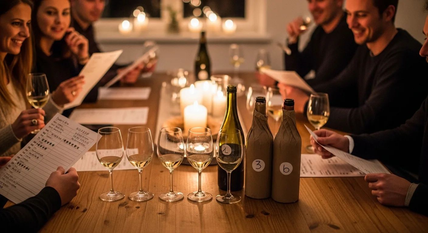 Table dressée pour une dégustation de vin à la maison avec plusieurs verres et bouteilles