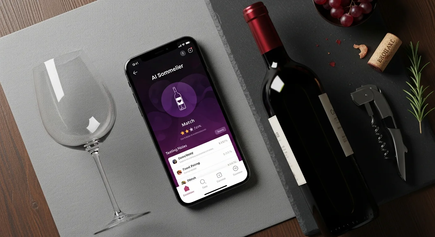 Smartphone affichant une application sommelier IA à côté d'une bouteille de vin rouge