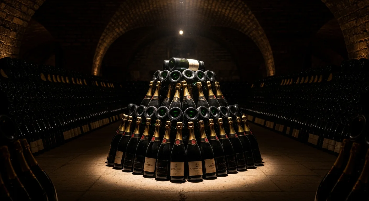 Bouteilles de champagne stockées couchées dans une cave fraîche