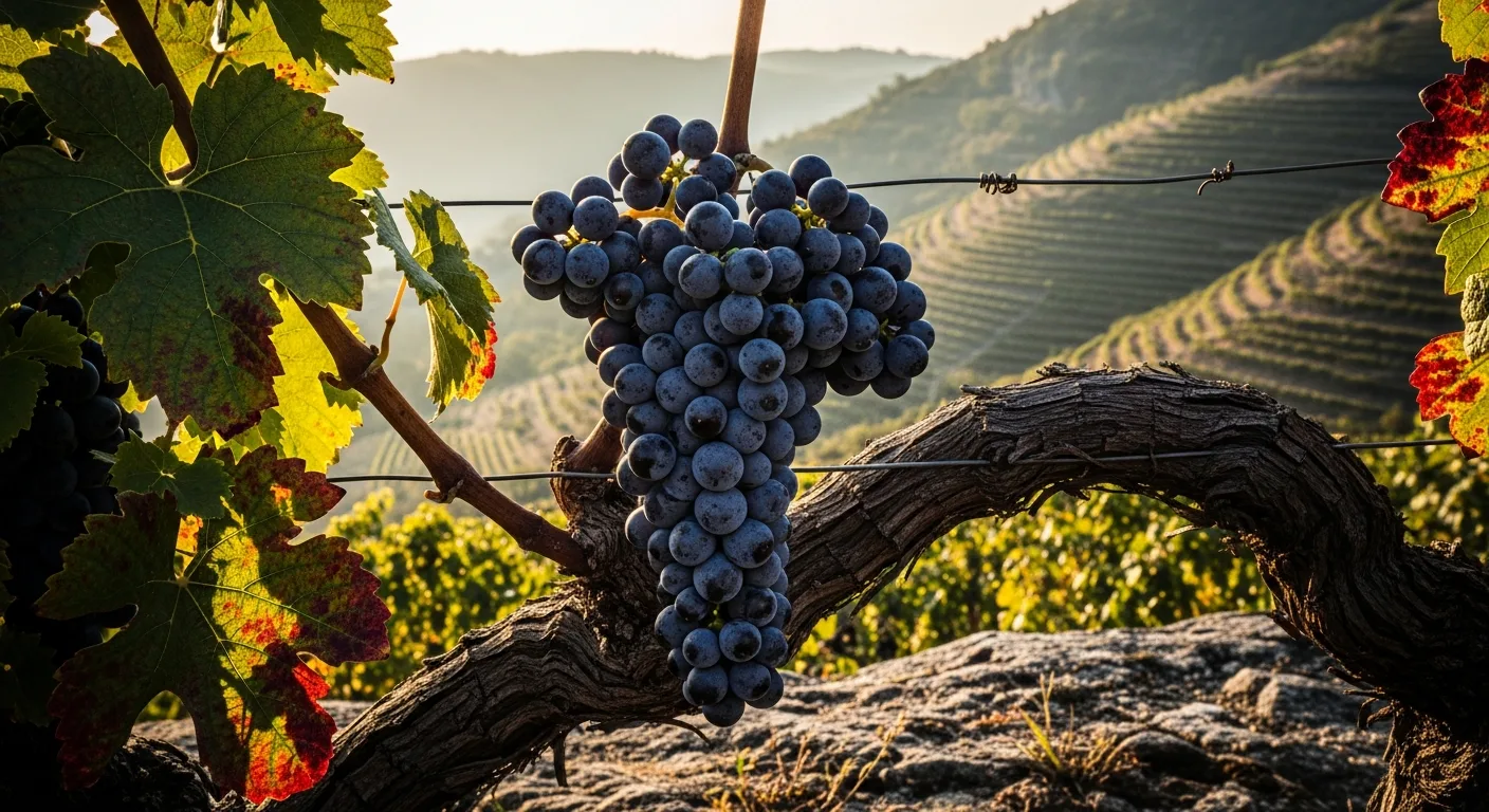 Grappe de Syrah sur une vigne des coteaux granitiques de Côte-Rôtie