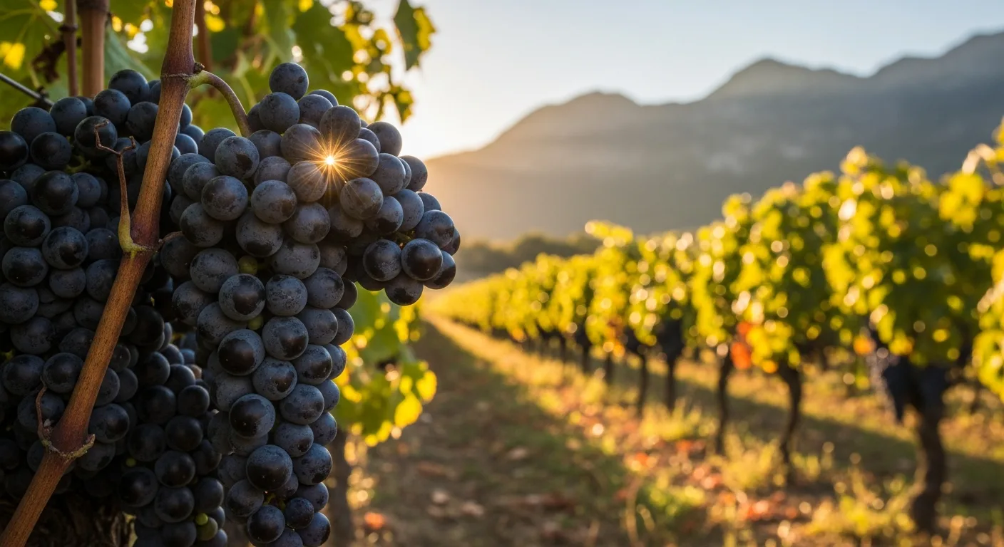 Grappe de Tannat dense et noire sur pied de vigne à Madiran