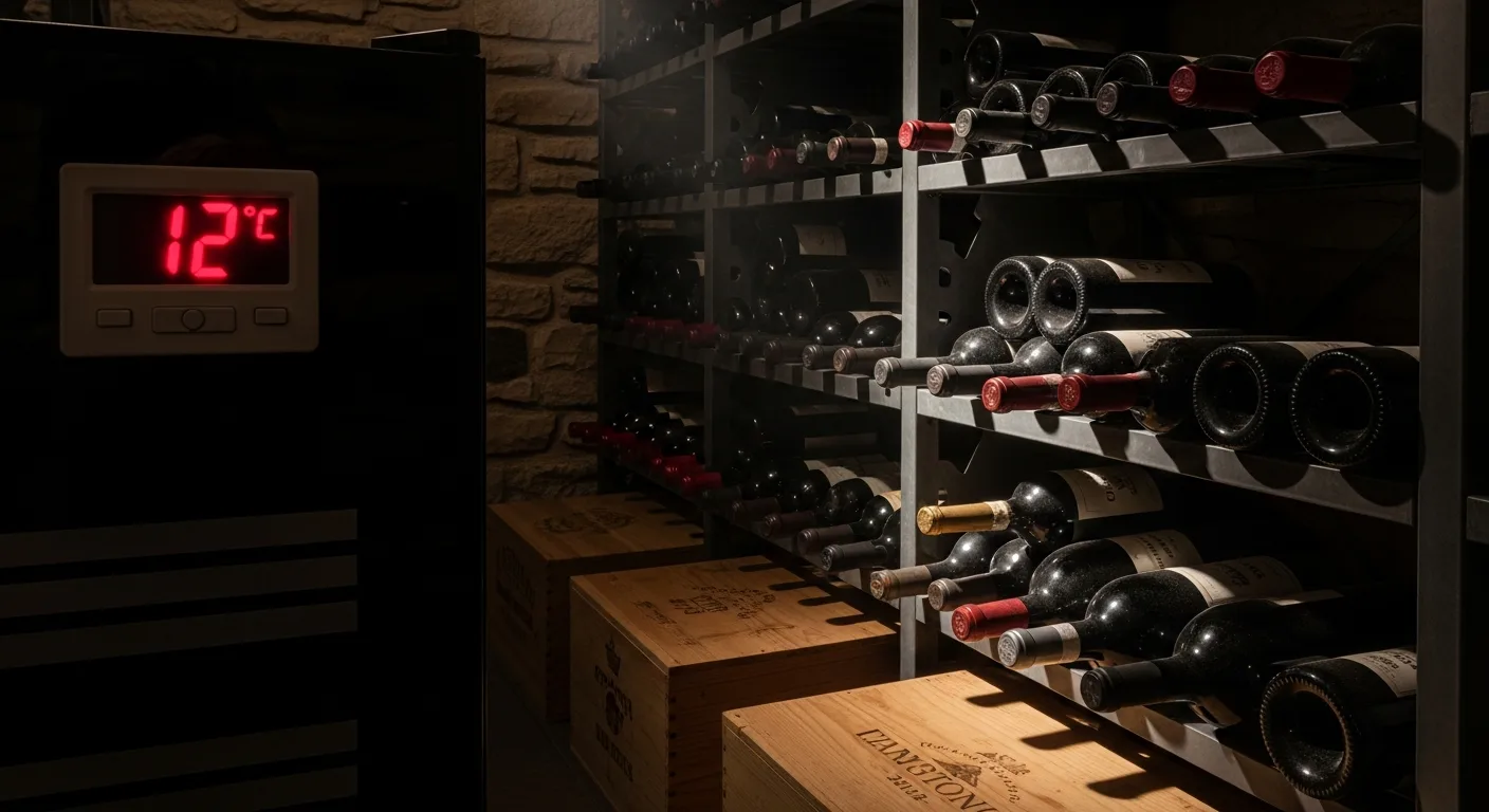Thermomètre numérique affichant 12 degrés devant des bouteilles de vin couchées dans une cave