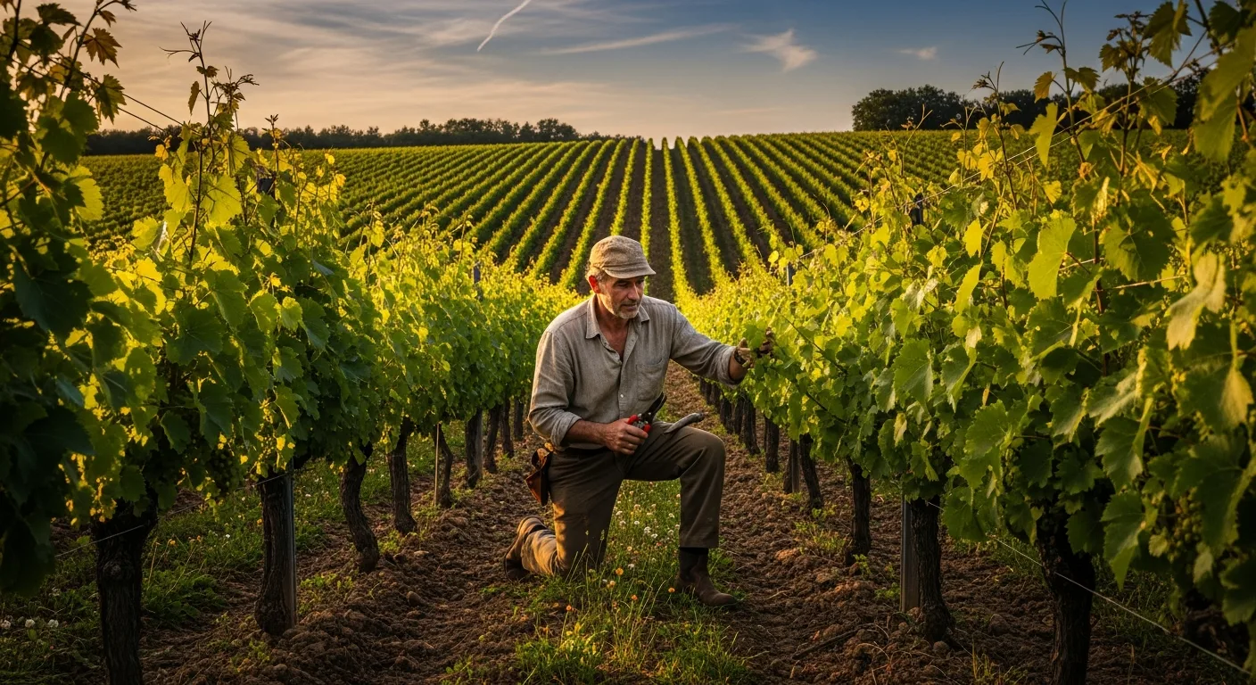 Vigneron bio travaillant ses vignes sans herbicide dans un vignoble français certifié