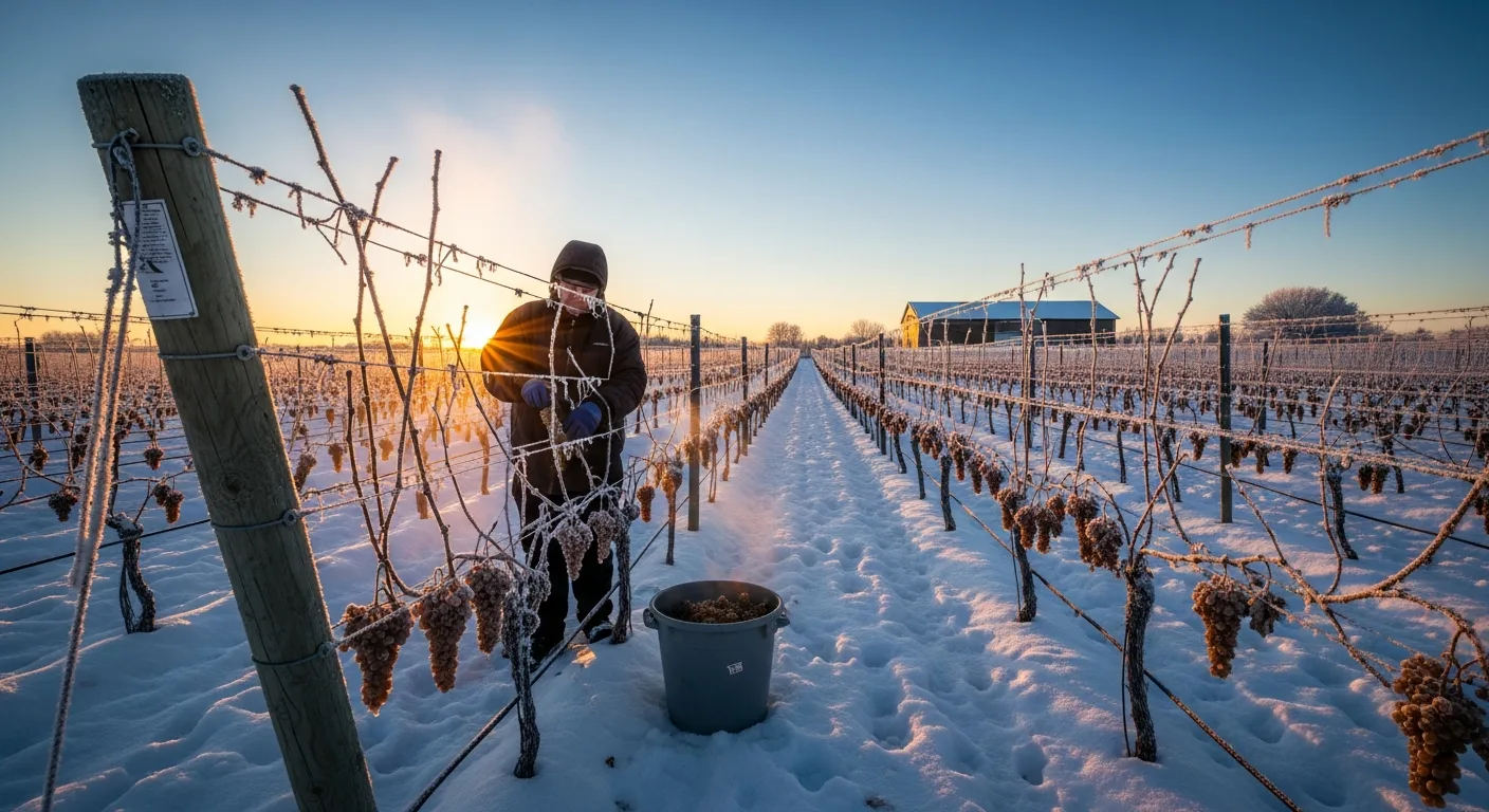 Vignoble enneigé au Canada avec grappes gelées pour vin de glace