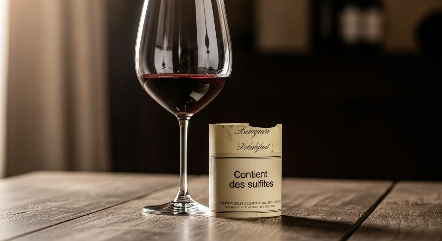 Étiquette de vin mentionnant contient des sulfites posée près d'un verre