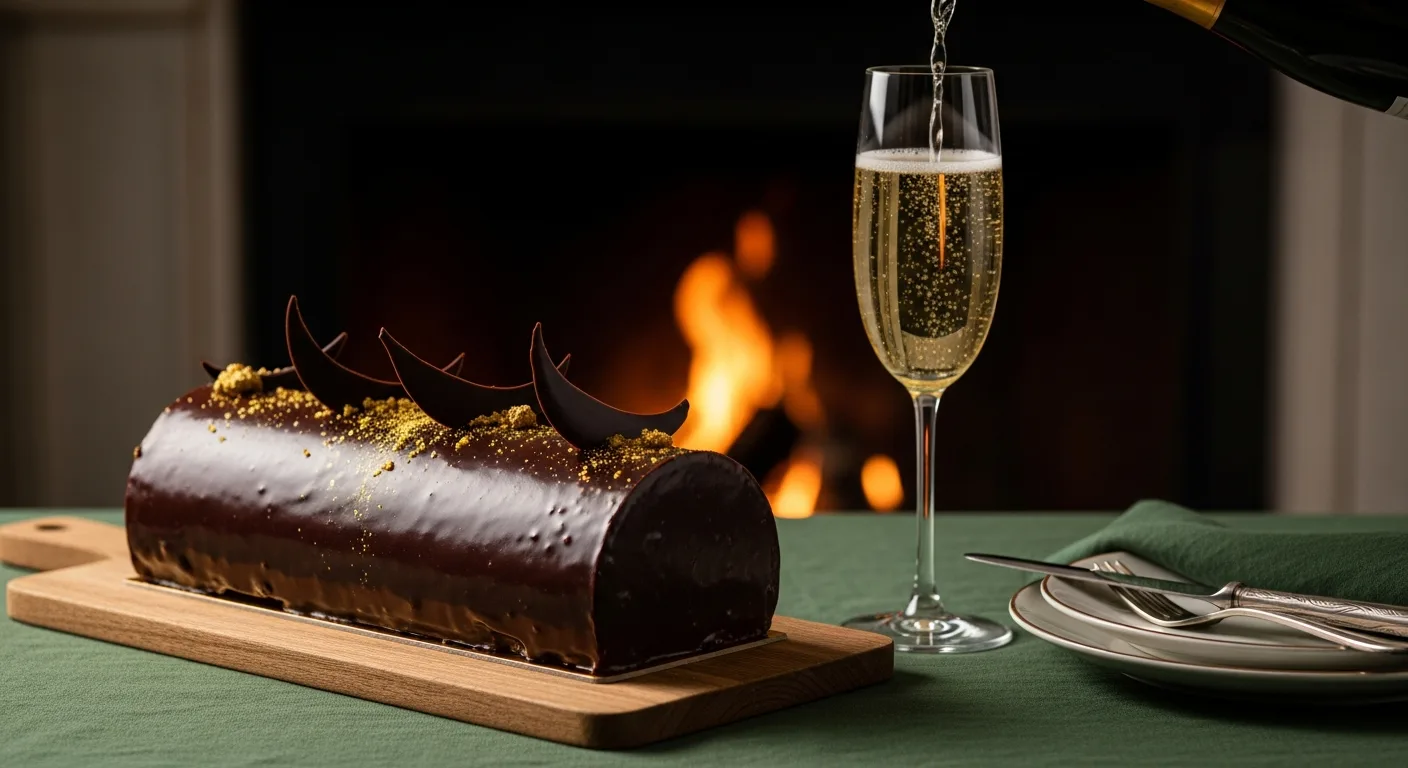 Bûche de Noël au chocolat avec un verre de Champagne demi-sec