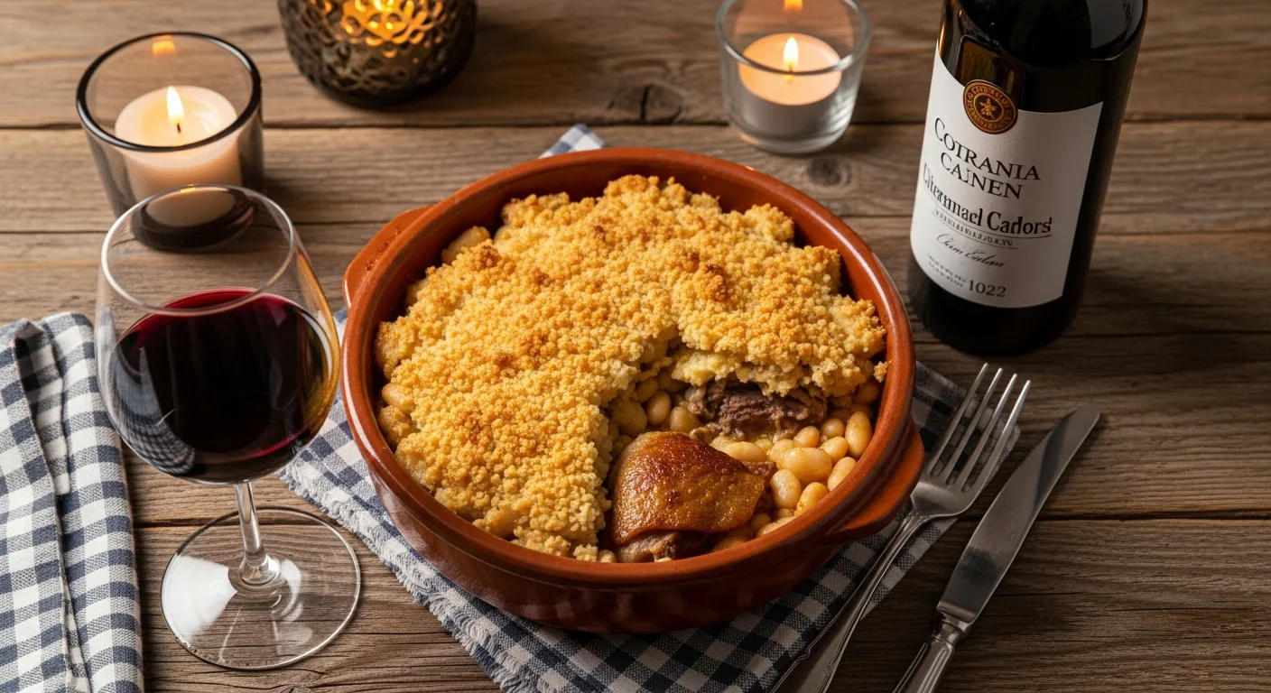 Cassoulet du Sud-Ouest servi en cassole avec verre de vin rouge de Cahors
