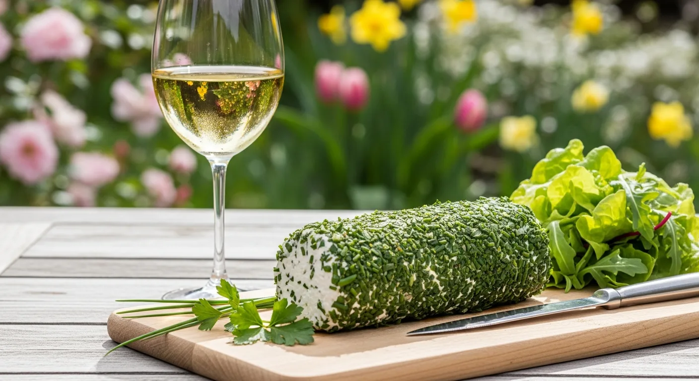 Chèvre frais sur un plateau avec herbes et un verre de Sancerre blanc