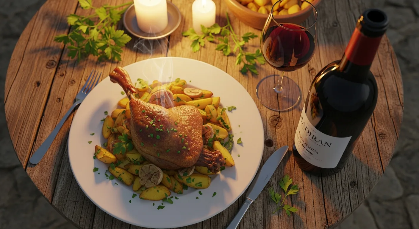 Cuisse de confit de canard doree avec pommes sarladaises et verre de Madiran