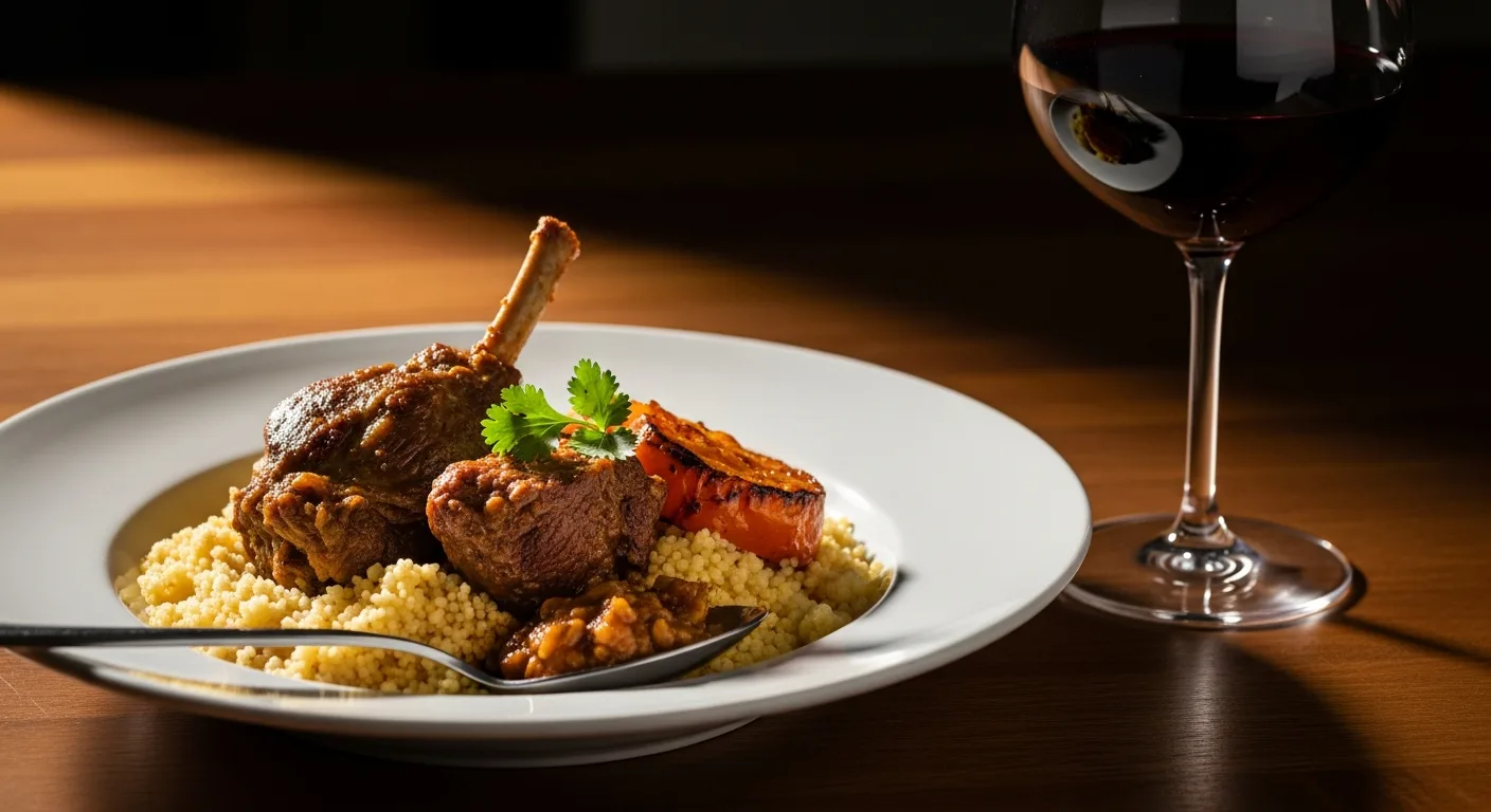 Plat de couscous royal avec merguez et agneau accompagné d'un verre de vin rouge méditerranéen