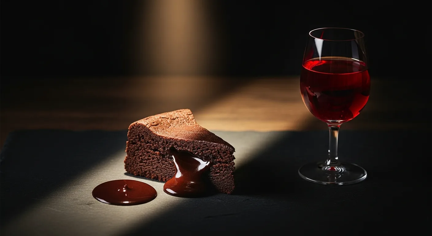 Moelleux au chocolat noir servi avec un verre de Maury grenat