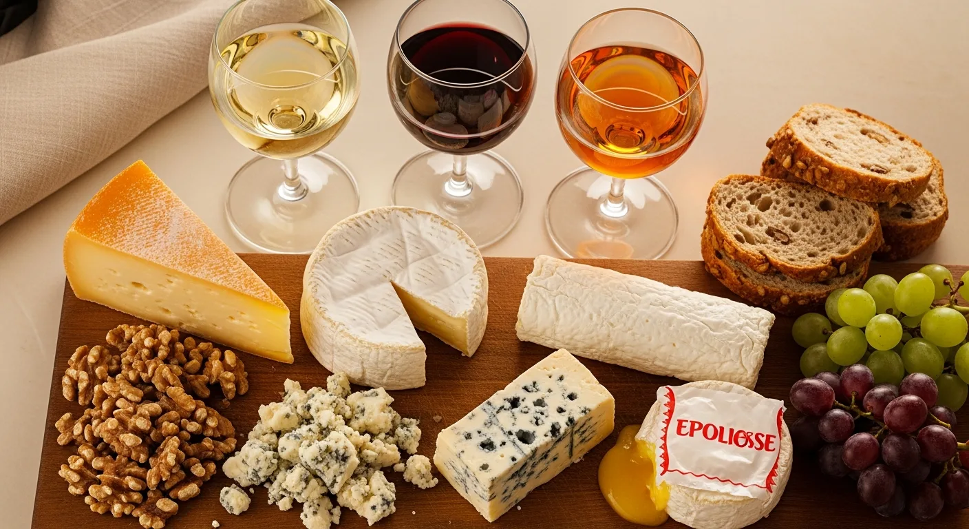 Plateau de fromages français variés avec verres de vin rouge et blanc pour accord