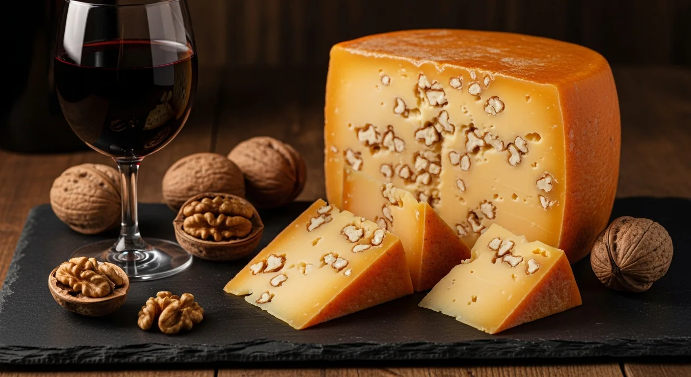 Gouda vieux hollandais avec cristaux de tyrosine et un verre de vin rouge