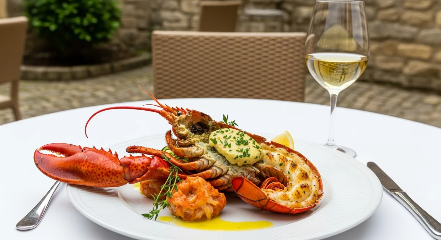 Plat de homard grillé avec beurre aux herbes et verre de vin blanc bourguignon