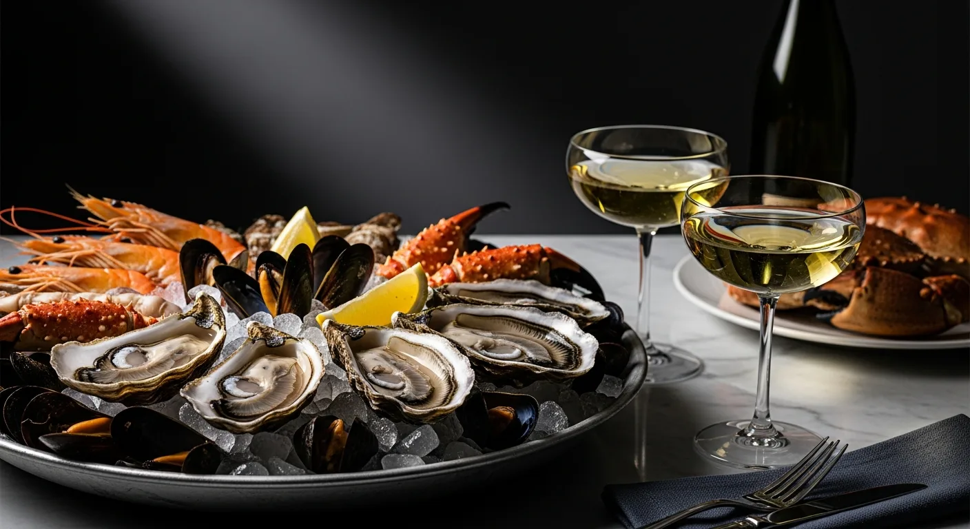 Plateau de fruits de mer avec huîtres fraîches sur glace et coupes de vin blanc sec