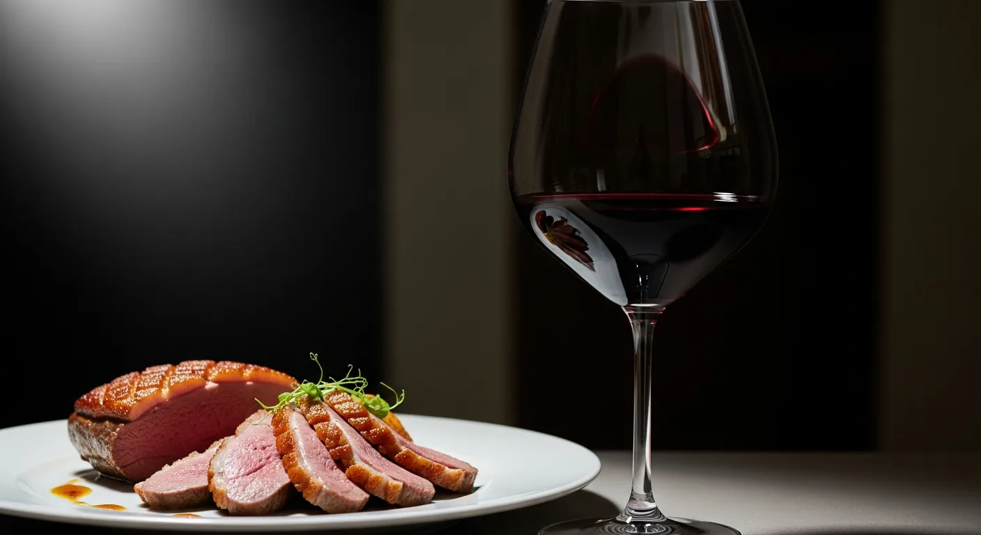 Magret de canard rosé tranché sur assiette avec verre de vin rouge du Sud-Ouest