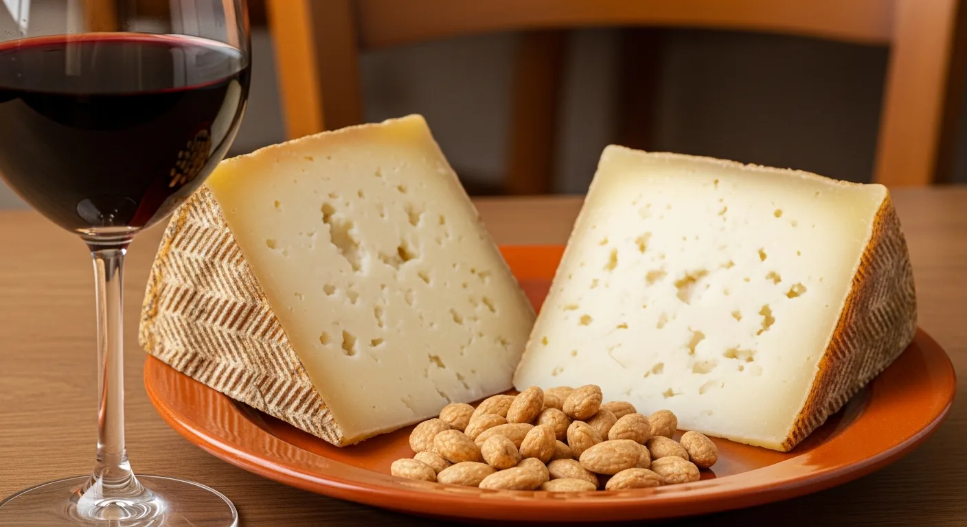 Manchego DOP affiné avec un verre de Rioja Reserva et des amandes
