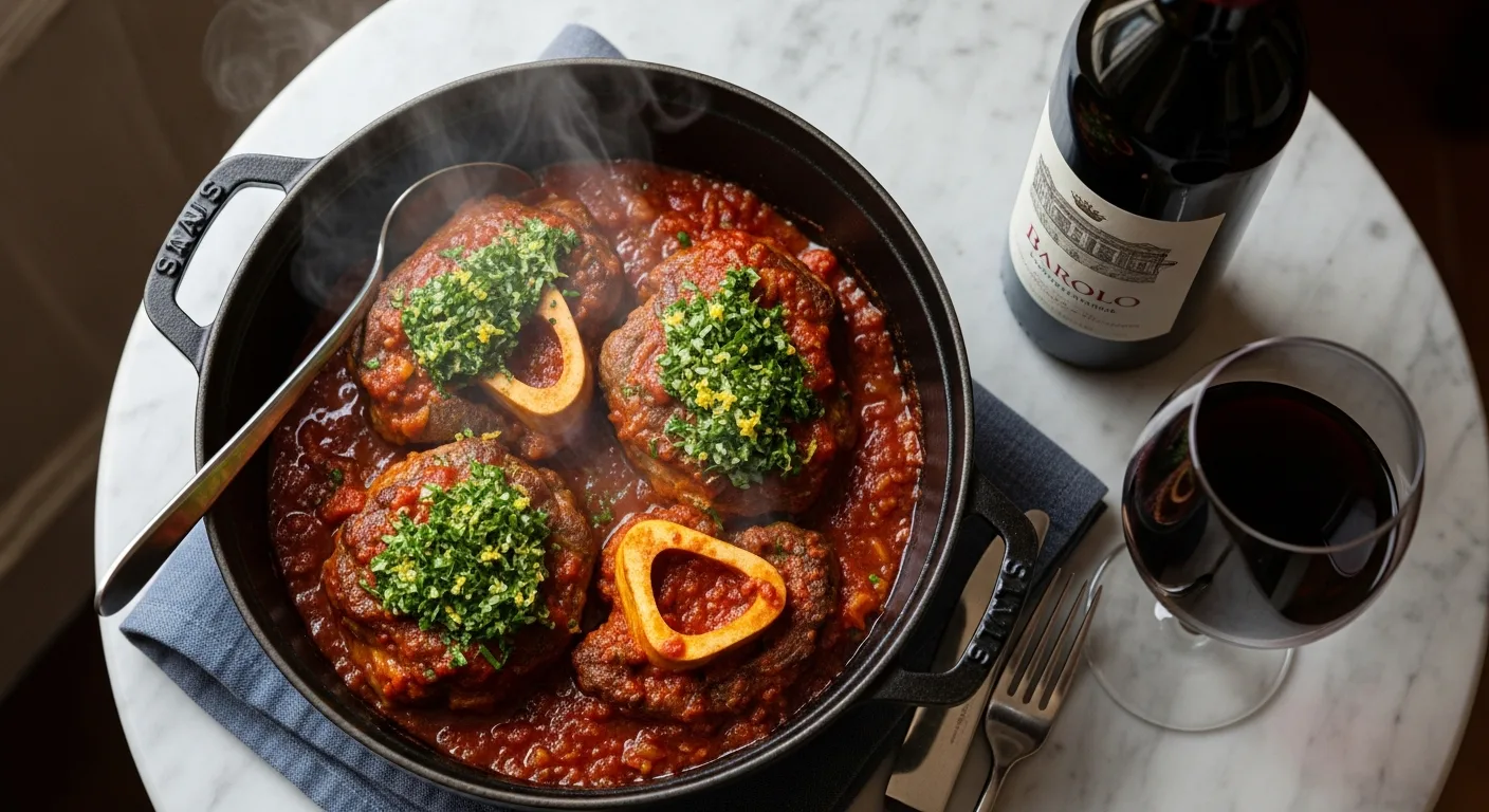Plat d'osso bucco a la milanaise avec verre de Barolo rouge