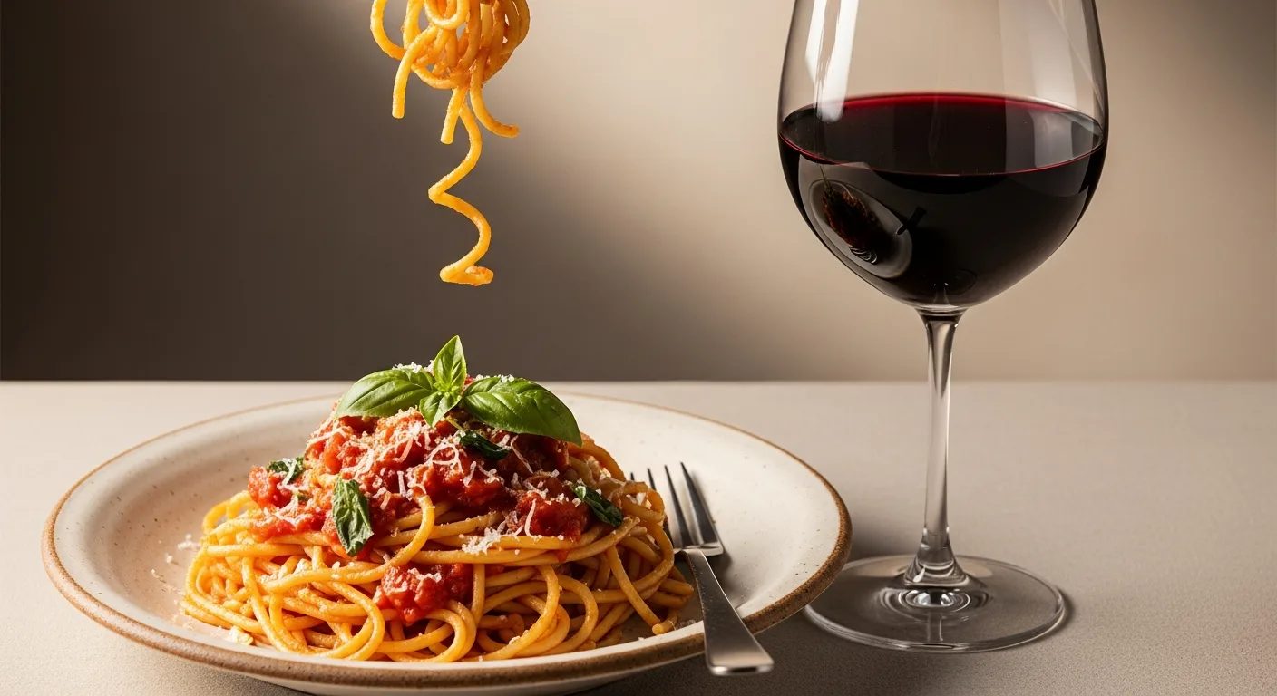 Assiette de pâtes à la sauce tomate avec un verre de Chianti