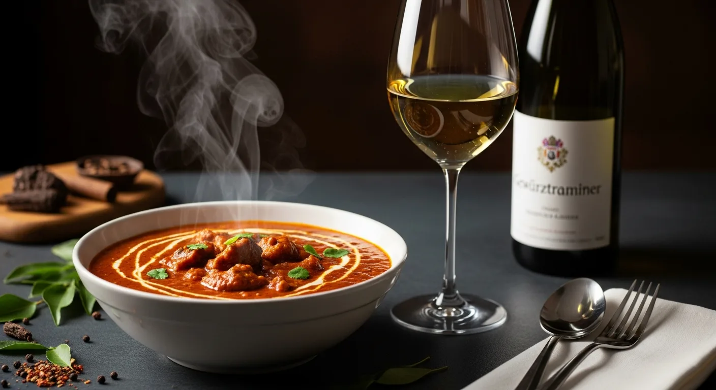 Curry indien épicé servi avec un verre de Gewurztraminer alsacien