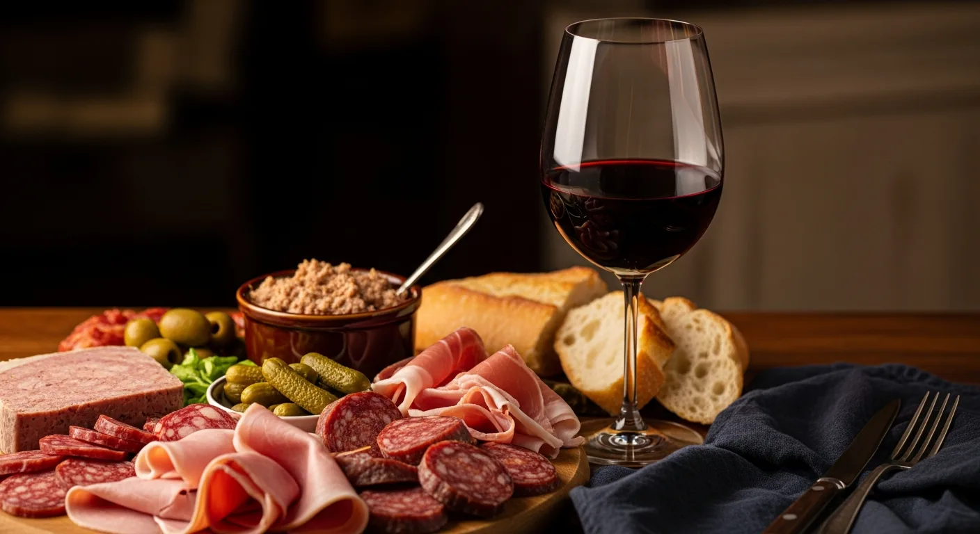 Plateau de charcuterie variée avec jambon, saucisson, rillettes et verre de Beaujolais