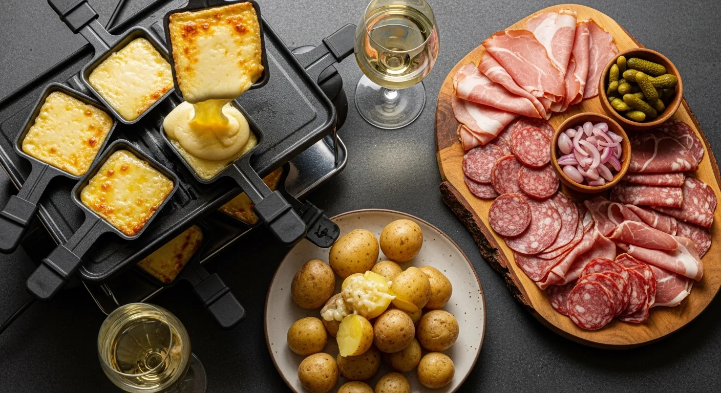 Raclette fondante avec charcuteries, pommes de terre et verre de blanc savoyard