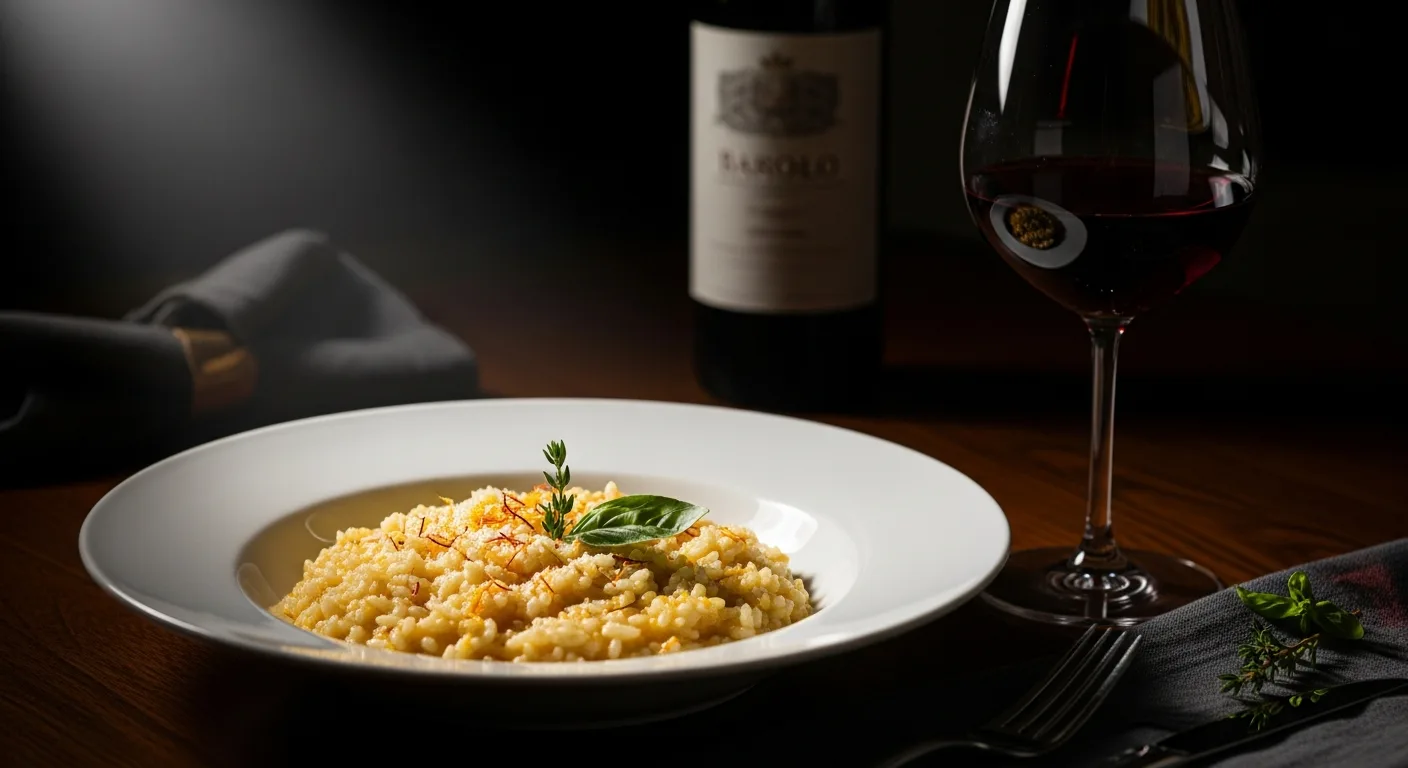 Assiette de risotto milanais au safran avec un verre de Barolo