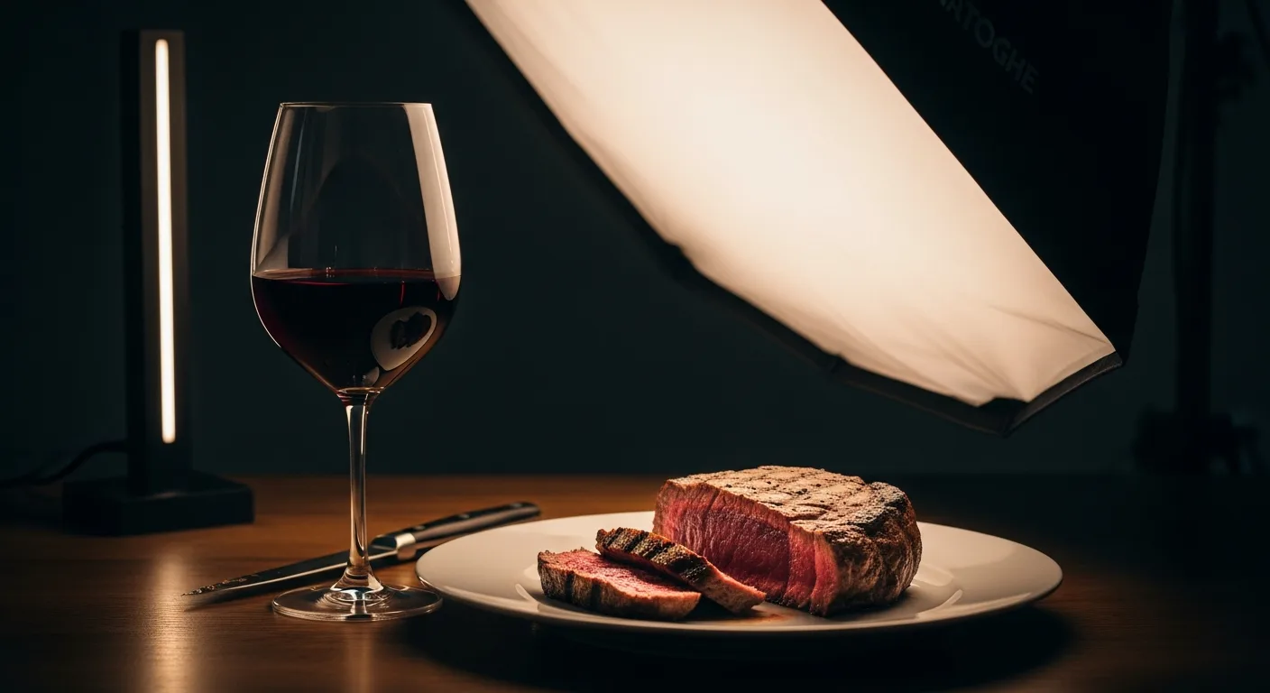 Entrecôte grillée à point servie avec un verre de Bordeaux