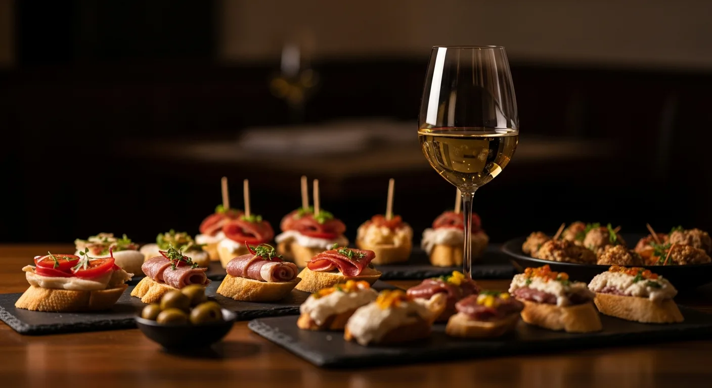 Assortiment de tapas végétariennes espagnoles avec verre d'Albariño