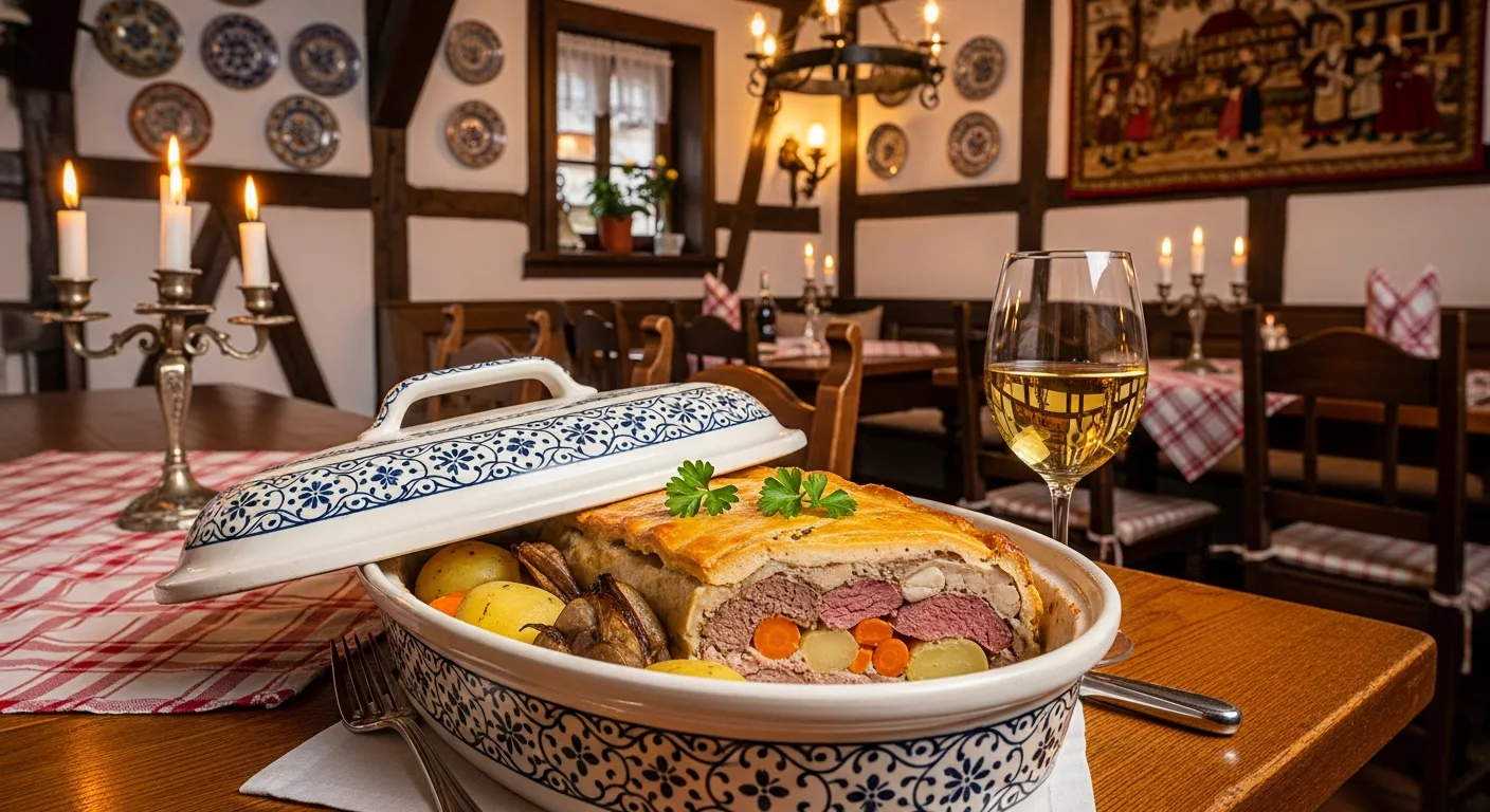 Baeckeoffe dans sa terrine ovale avec un verre de Riesling d'Alsace