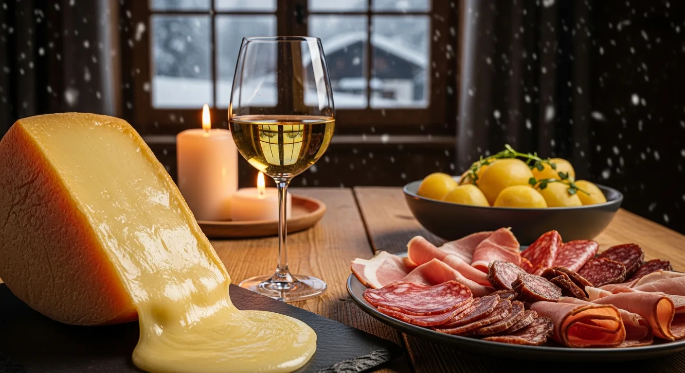 Verre de vin blanc de Savoie devant une raclette fondante en soirée hivernale