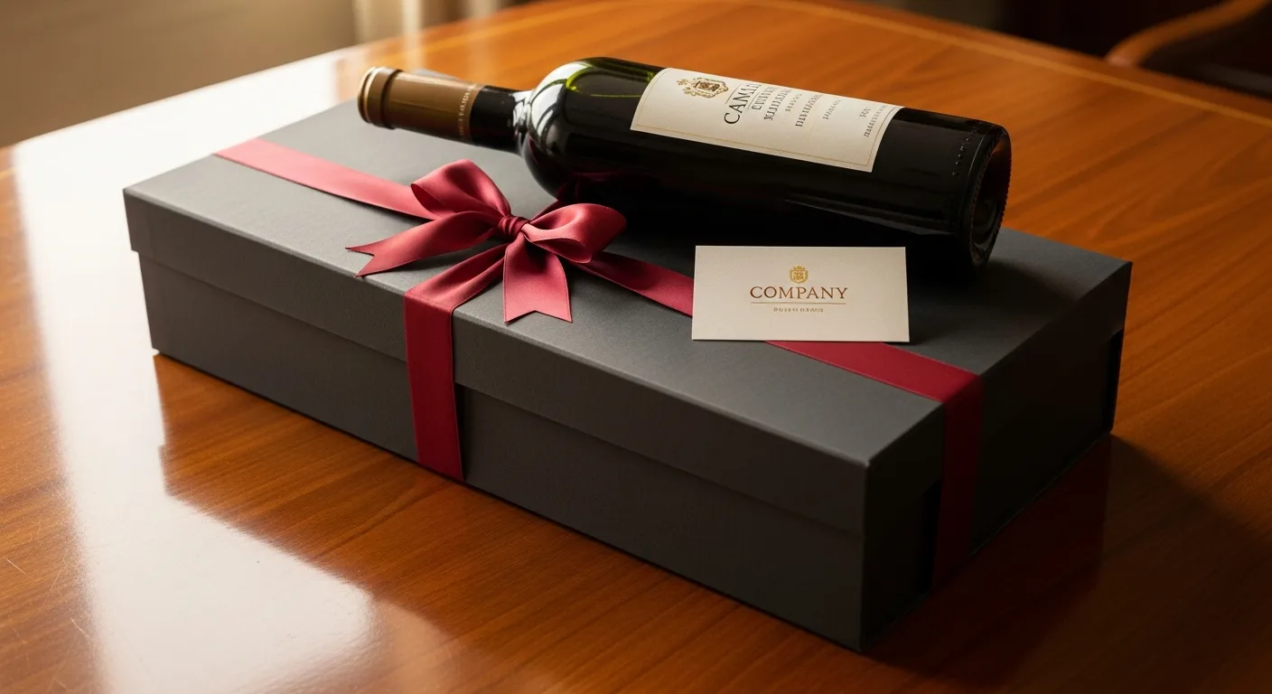 Coffret cadeau d'entreprise avec bouteille de vin et carte de visite élégante