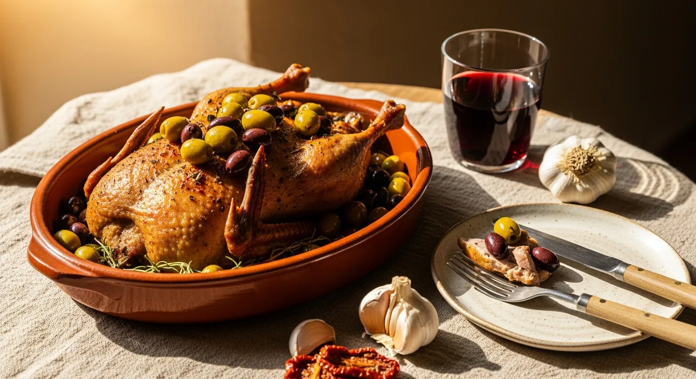 Canard aux olives dans un plat en terre cuite avec un verre de vin rouge du Sud
