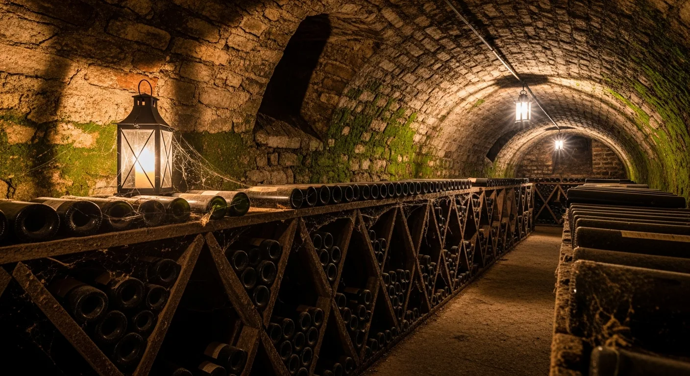 Vieilles bouteilles de vin couvertes de poussiere dans une cave voutee