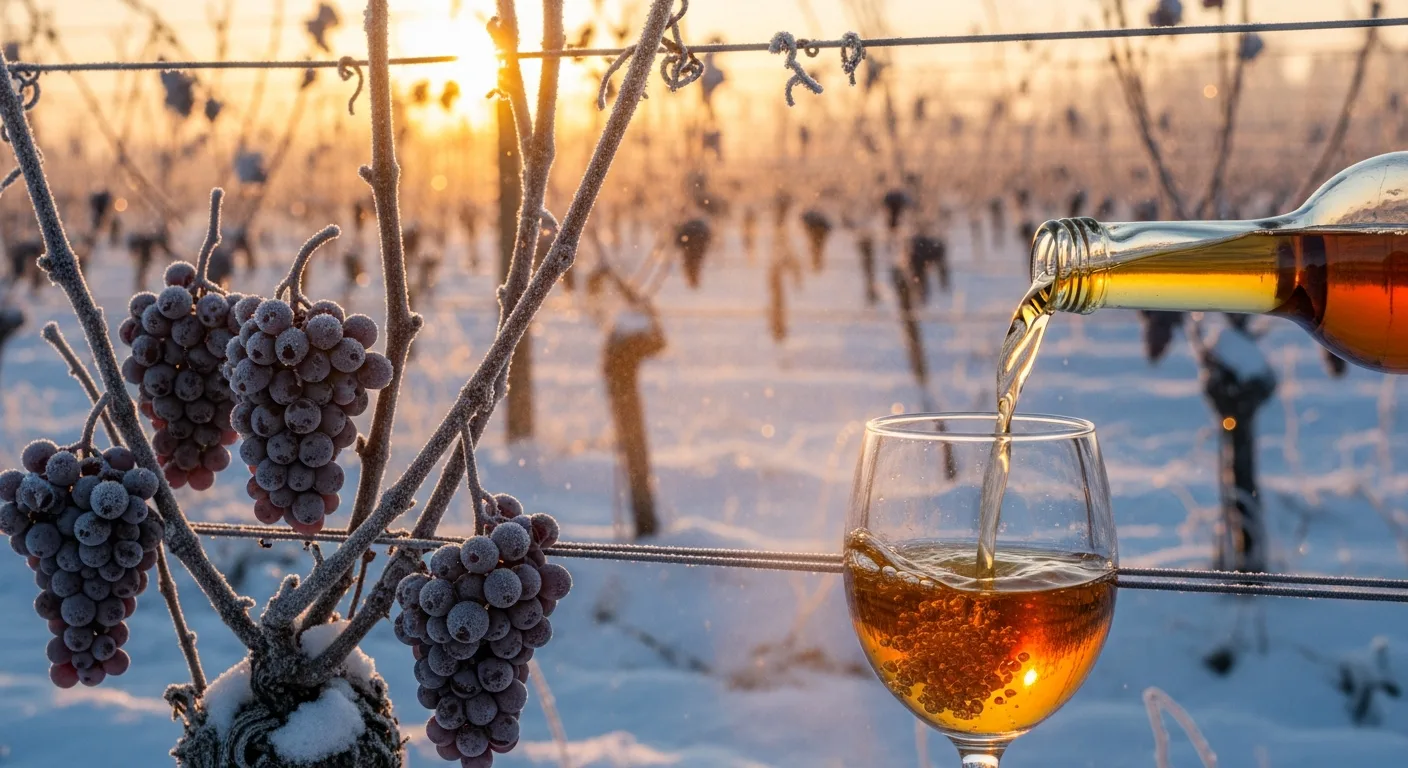 Grappes de raisin gelées sur vigne enneigée avec verre de vin de glace doré