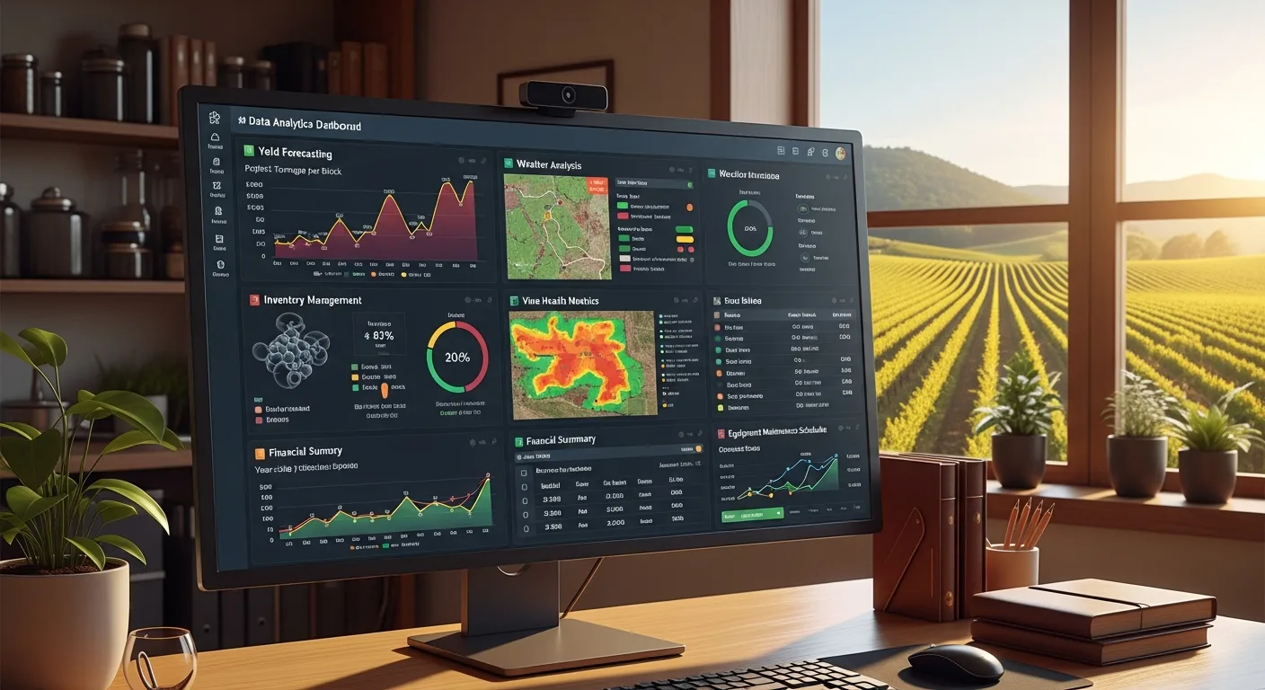 Tableau de bord data sur écran dans un bureau de domaine viticole avec vue sur les vignes