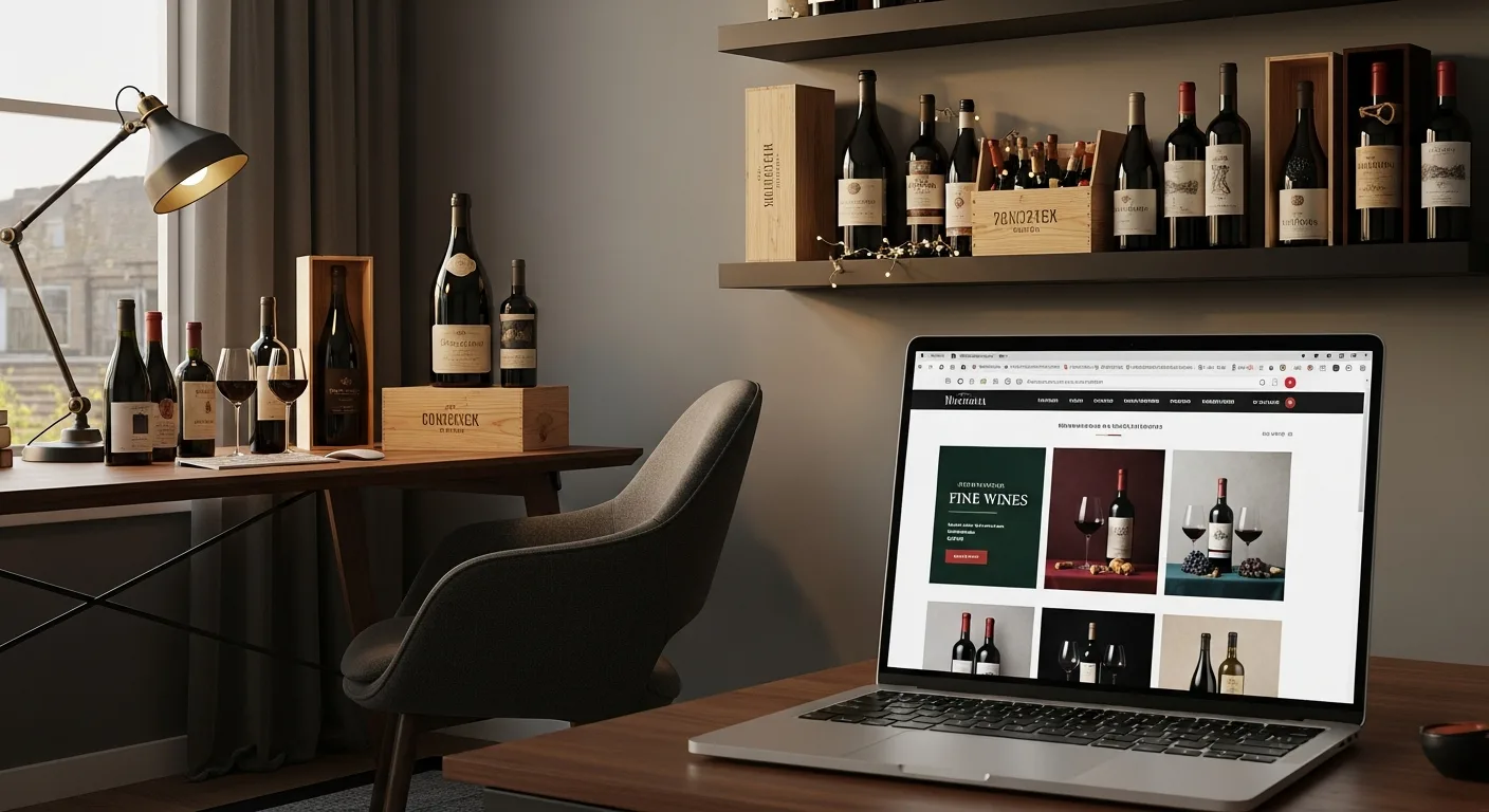 Écran d'ordinateur affichant un site de vente de vin en ligne avec des bouteilles en arrière-plan