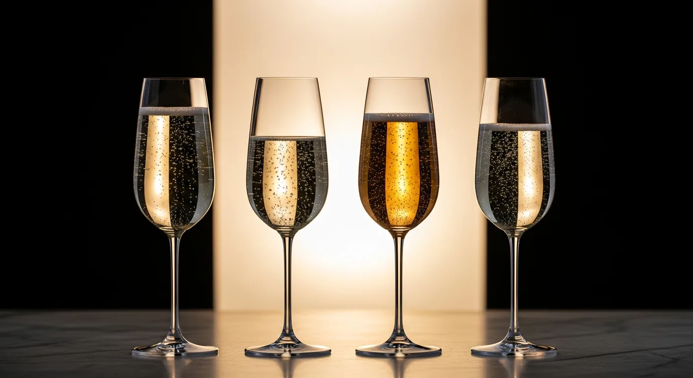 Flûtes de vins effervescents variés - Champagne, Crémant, Prosecco, Cava - avec bulles remontant