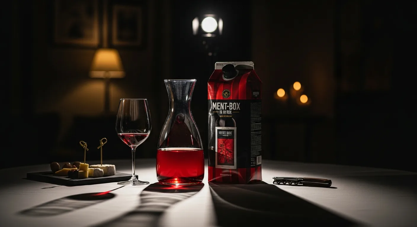 Bag-in-box de vin de qualité servi à table, pichet en verre rempli