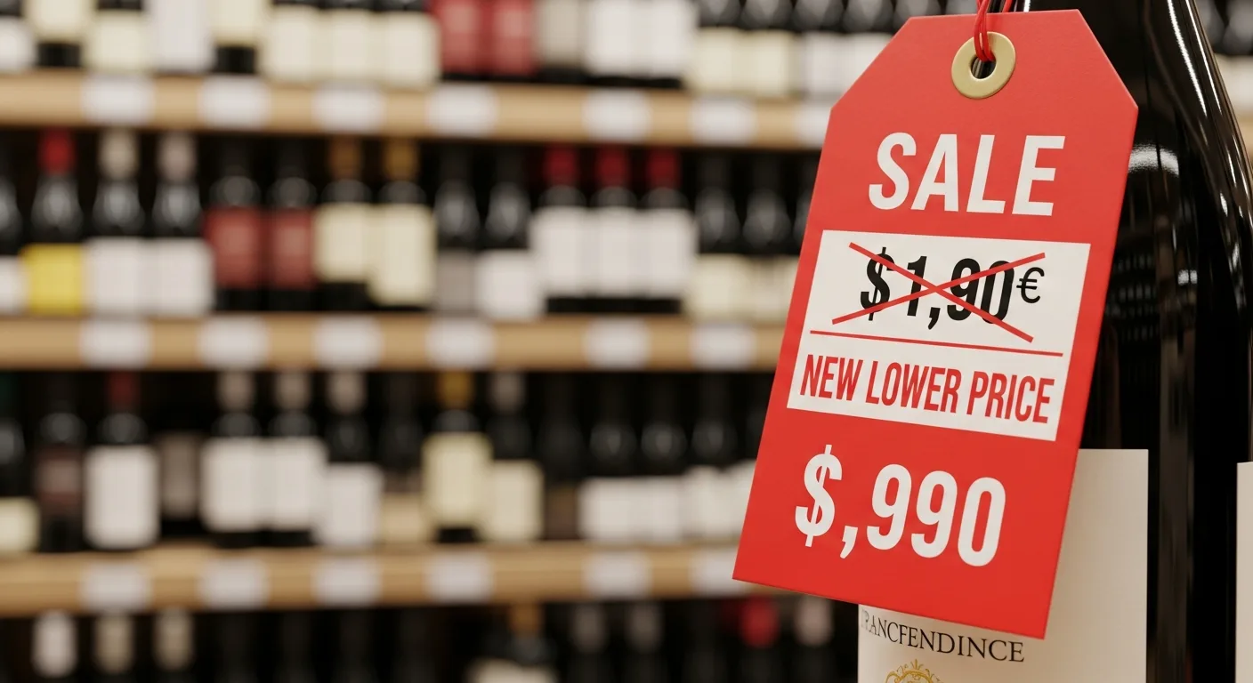 Étiquette promo sur bouteille de vin avec réduction annoncée en pourcentage