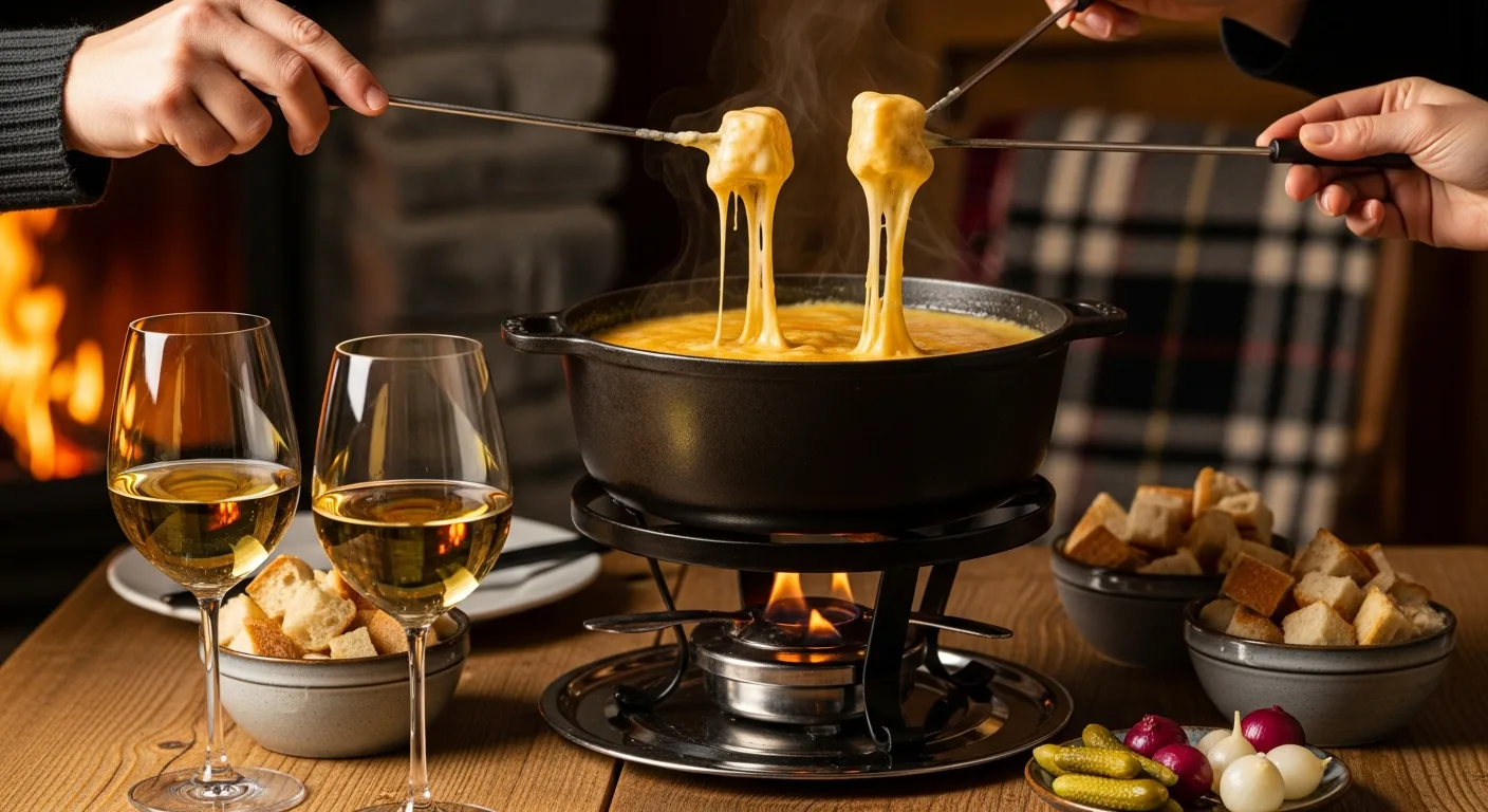Fondue savoyarde avec caquelon au feu et verre de vin blanc de Savoie